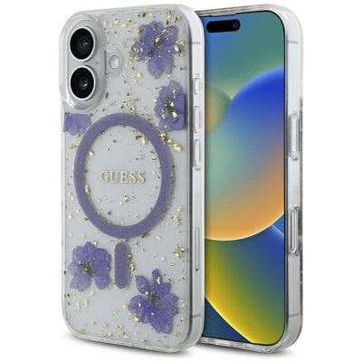 Husa Guess Resin Flowers Glitter Magsafe pentru iPhone 16 - Mov