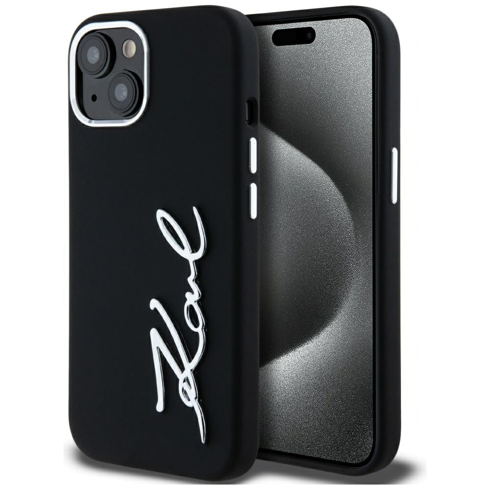 Husa Karl Lagerfeld Silicone Metal Script Logo iPhone 15 - Negru