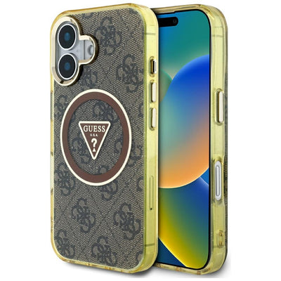 Husa Guess IML Metal Glitter 4G Circle Triangle Magsafe pentru iPhone 16 - Maro