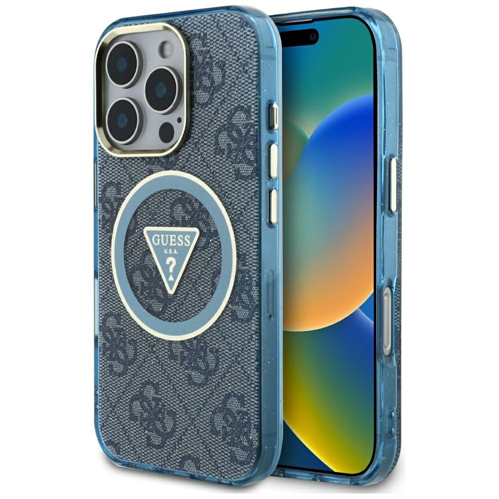 Husa Guess IML Metal Glitter 4G Circle Triangle Magsafe pentru iPhone 16 Pro - Albastru