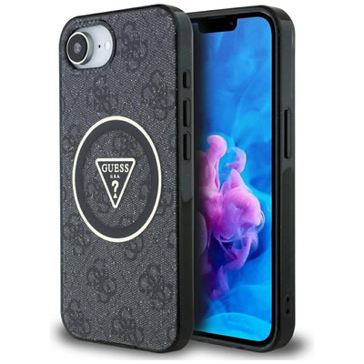 Husa Guess IML Metal Glitter 4G Circle Triangle Magsafe pentru iPhone 16e - Negru