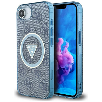 Husa Guess IML Metal Glitter 4G Circle Triangle Magsafe pentru iPhone 16e - Albastru