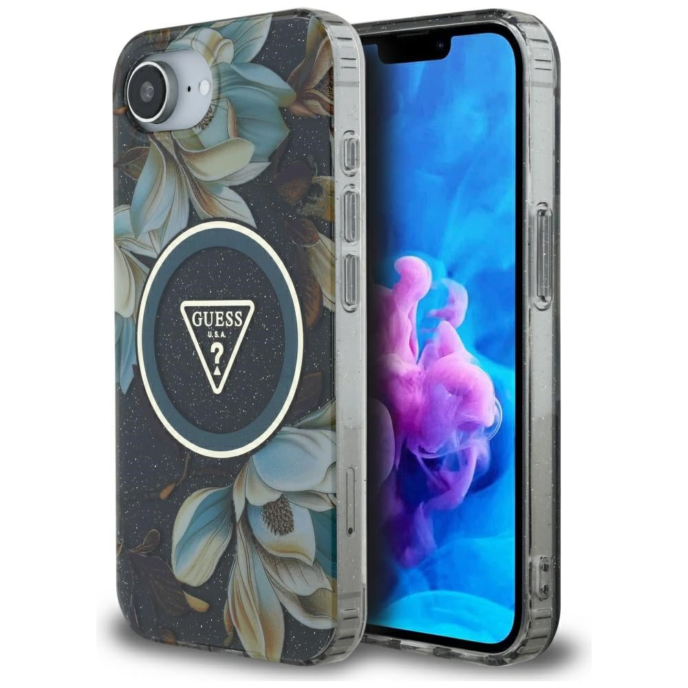 Husa Guess IML Metal Glitter Flowers Triangle Magsafe pentru iPhone 16e - Negru