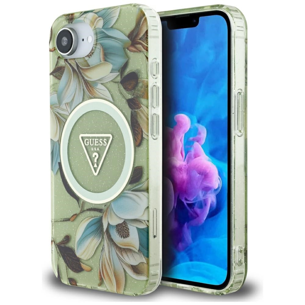 Husa Guess IML Metal Glitter Flowers Triangle Magsafe iPhone 16e - Verde