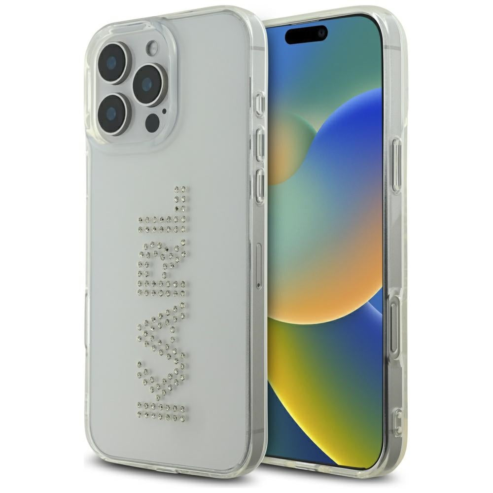 Husa Karl Lagerfeld IML Rhinestones Logo iPhone 16 Pro - Transparent