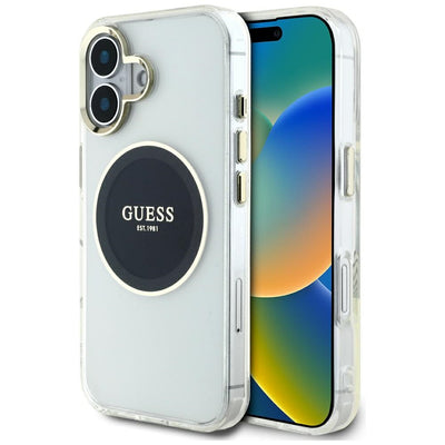 Husa Guess IML Metal Colored Circle Classic Logo Magsafe pentru iPhone 16 - Negru