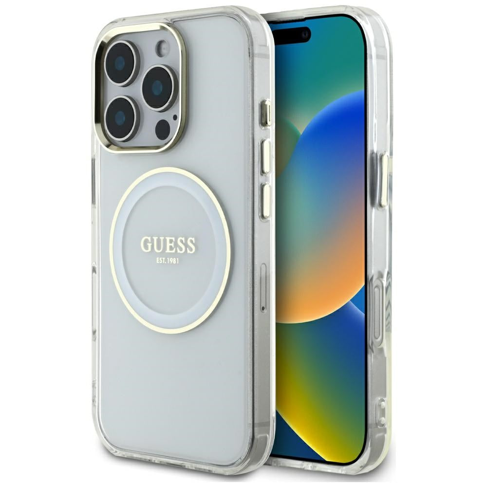 Husa Guess IML Metal Colored Circle Classic Logo Magsafe pentru iPhone 16 Pro Max - Alb