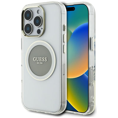 Husa Guess IML Metal Colored Circle Classic Logo Magsafe pentru iPhone 16 Pro Max - Gri
