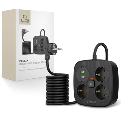 Cablu Tech-protect Power Strip, 3 Sockets, 2xUSB-A, 2xUSB-C 200 Cm - Negru