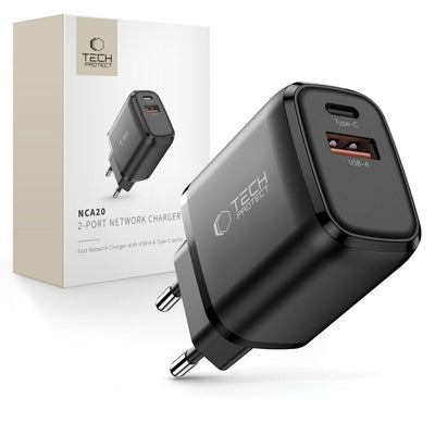 Incarcator priza Tech-protect Nca20 PD 20W / Qc3.0 Usb-a / Usb-c - Negru