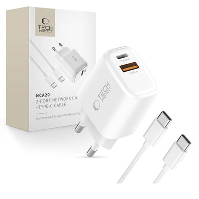 Cablu Tech-protect Nca20 PD 20W Qc3.0 Usb-a / Usb-c Incarcator priza + Usb-c / Usb-c 100cm - Alb