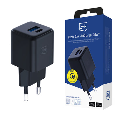 Incarcator 3mk Hyper Gan 20W QC4+ PD PPS Usb-c Usb-a priza - Negru