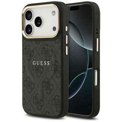 Husa Guess piele sintetica 4G Auriu Frame Magsafe pentru iPhone 17 Pro Negru
