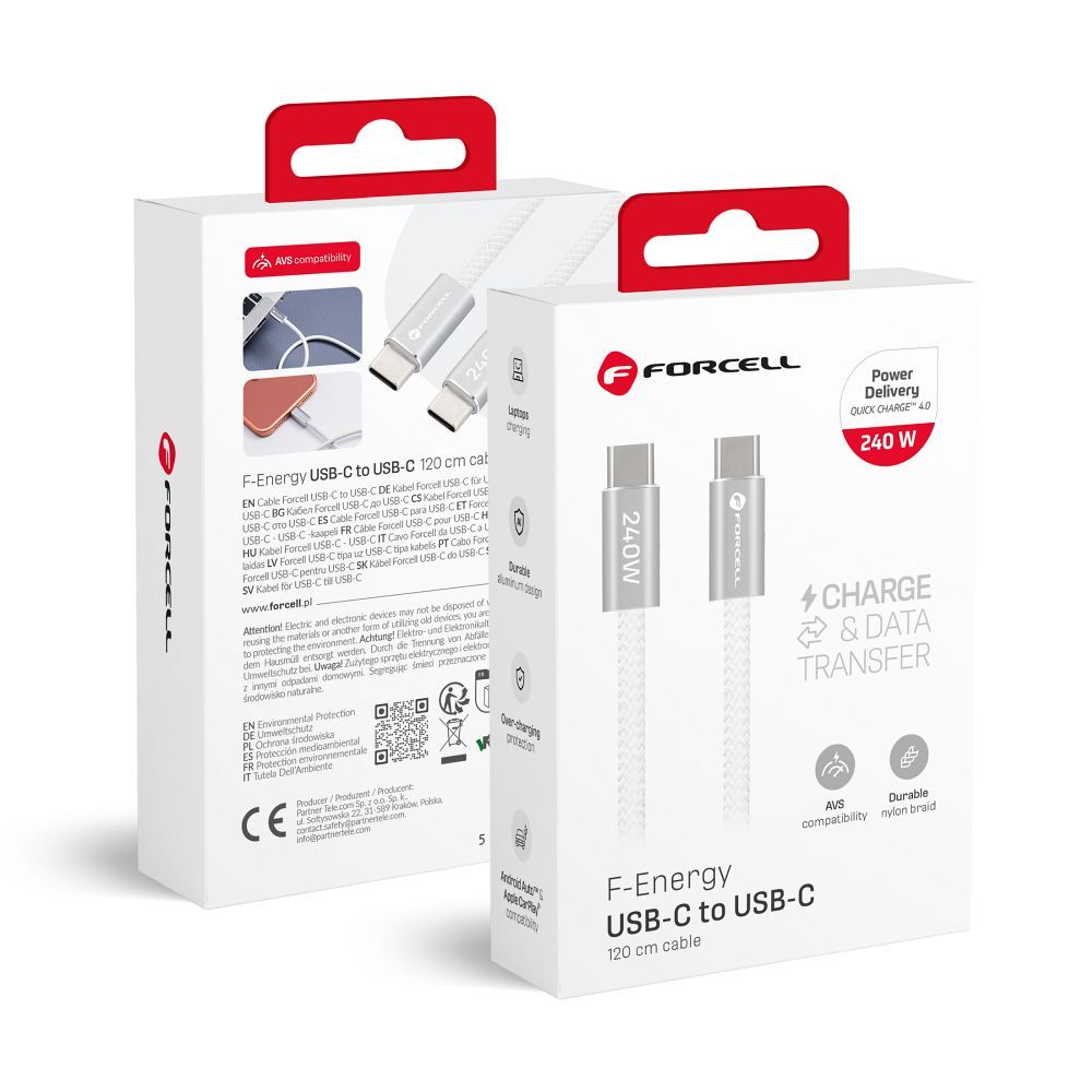 Cablu Forcell USB C To USB C F-energy Qc4.0 PD 5A 240W Cafule Flat 1,2m Alb