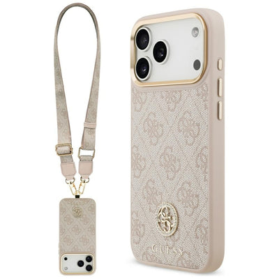 Husa Guess 4G Strass Logo & Big Curea Metal Buttons Magsafe pentru iPhone 17 Pro Max - Roz