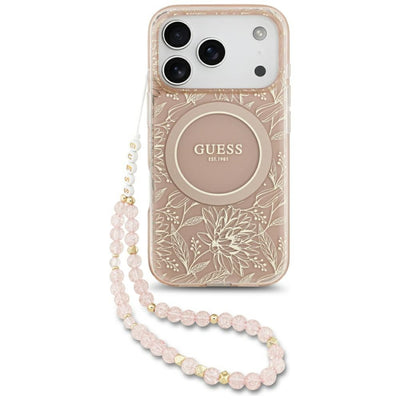 Husa Guess IML Flowers Electro Pearl Curea Magsafe pentru iPhone 17 Pro - Roz