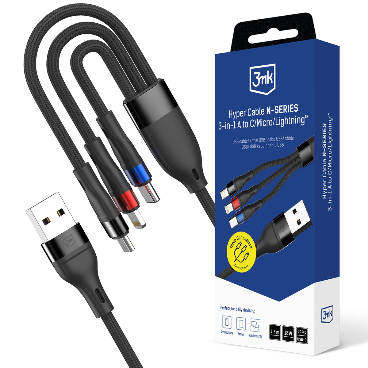 Cablu 3mk Hyper N-series 3 In 1 Usb-a / Lightning / Micro 1.2m 9V/2A 18W - Negru
