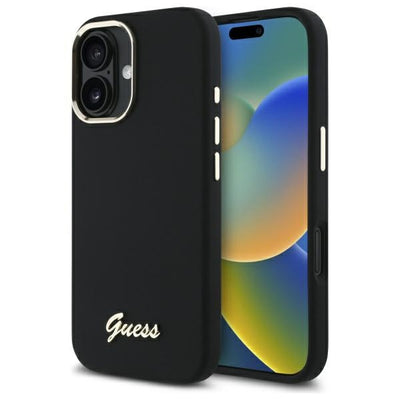 Husa Guess Silicone Script Metal Logo & Frame pentru iPhone 16 Plus - Negru
