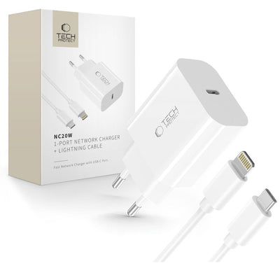 Cablu Tech-protect Nc20w Incarcator priza cu 100 Cm Usb-c / Lightning - Alb
