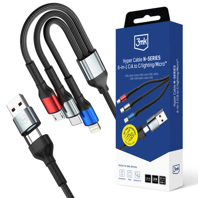Cablu 3mk Hyper N-series 6 In 1 Usb-c / Usb-a To Usb-c / Lightning / Micro 1.2m QC 3.0 9V / 2A 18W - Negru