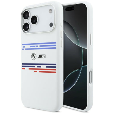 Husa BMW M Silicon Horizontal Line Magsafe pentru iPhone 17 Pro Max - Alb