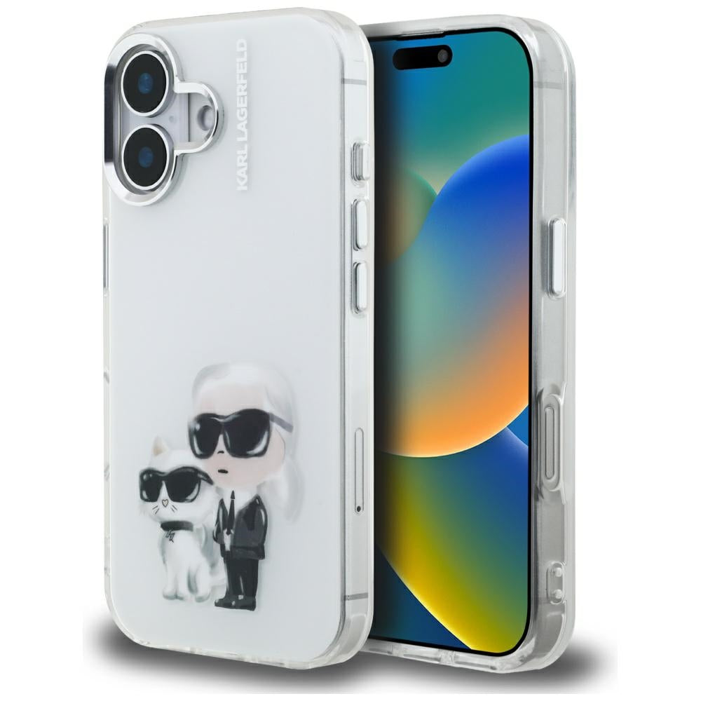 Husa Karl Lagerfeld IML Aquarelle Karl & Choupette & Logo iPhone 16 - Alb