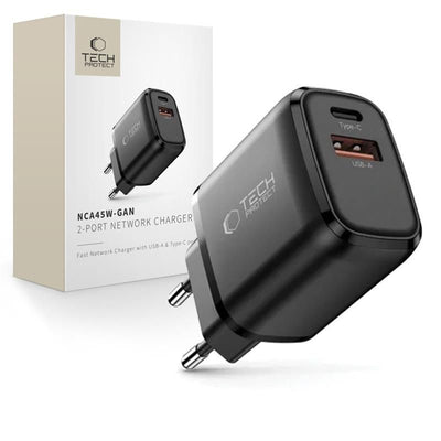 Incarcator priza Tech-protect Nca45w-gan 2-Port Usb-c / Usb-a 45W - Negru