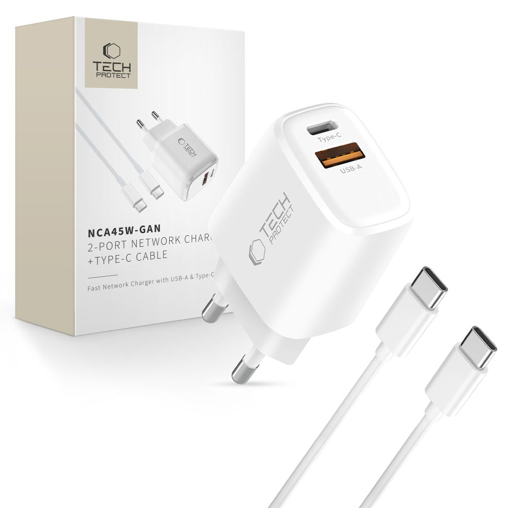 Cablu Tech-protect Nca45w-gan 2-Port 45W Incarcator priza cu Usb-c - Alb