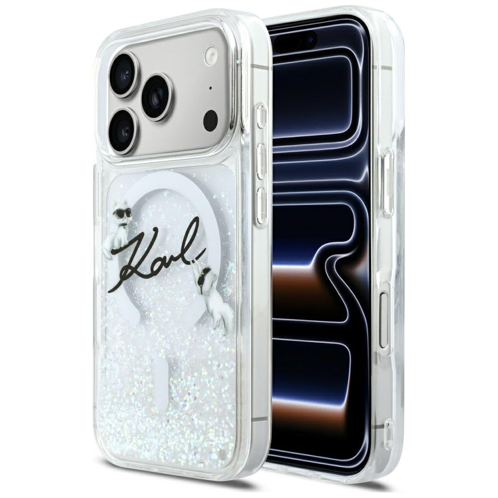 Husa Karl Lagerfeld Liquid Glitter Karl Script Logo Magsafe pentru iPhone 17 Pro - Transparent