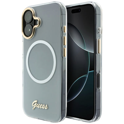 Husa Guess IML Gradient Script Metal Magsafe pentru iPhone 17 - Alb