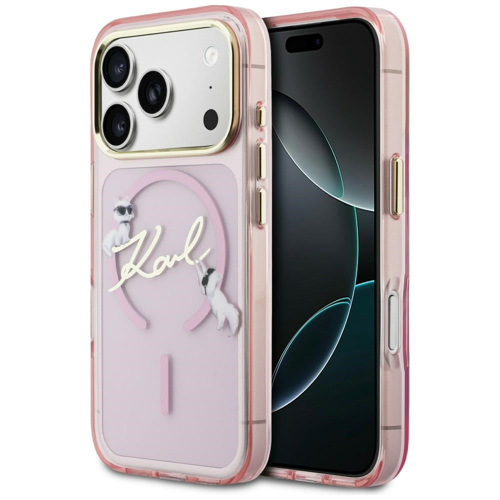 Husa Karl Lagerfeld IML Choupettes Karl Script Logo Magsafe pentru iPhone 17 Pro - Roz