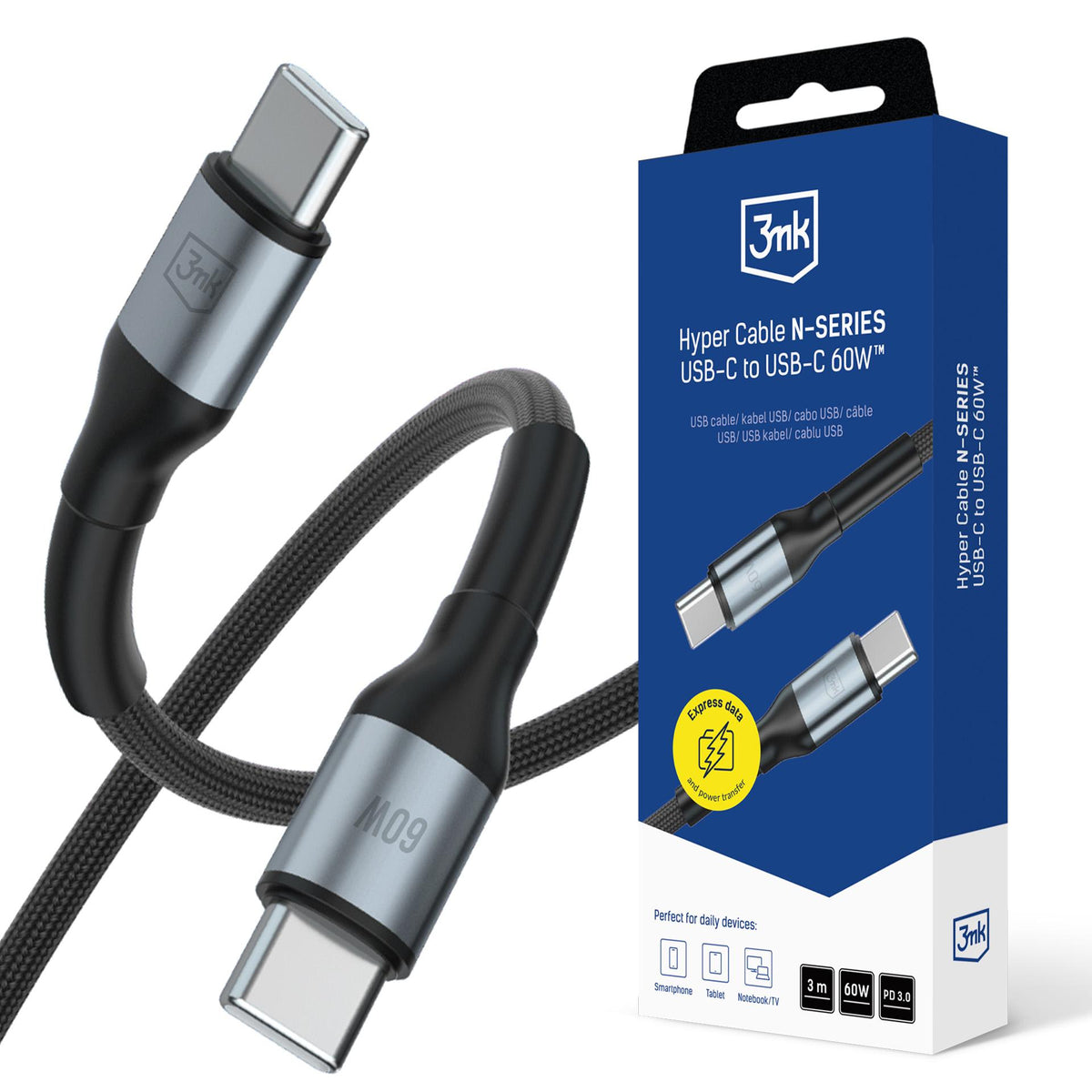 Cablu 3mk Hyper N-series Usb-c / Usb-c 3m PD 3.0 QC 3.0 20V/3A 60W - Negru