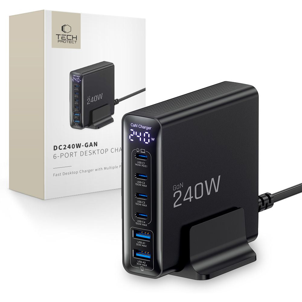 Incarcator priza Tech-protect Dc240w-gan Charging Station 6 Ports 4 X Usb-c 2 X Usb-a 240W Qc3.0 - Negru