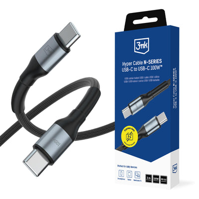 Cablu 3mk Hyper N-series Usb-c / Usb-c 3m PD 3.0 QC 3.0 20V / 5A 100W - Negru