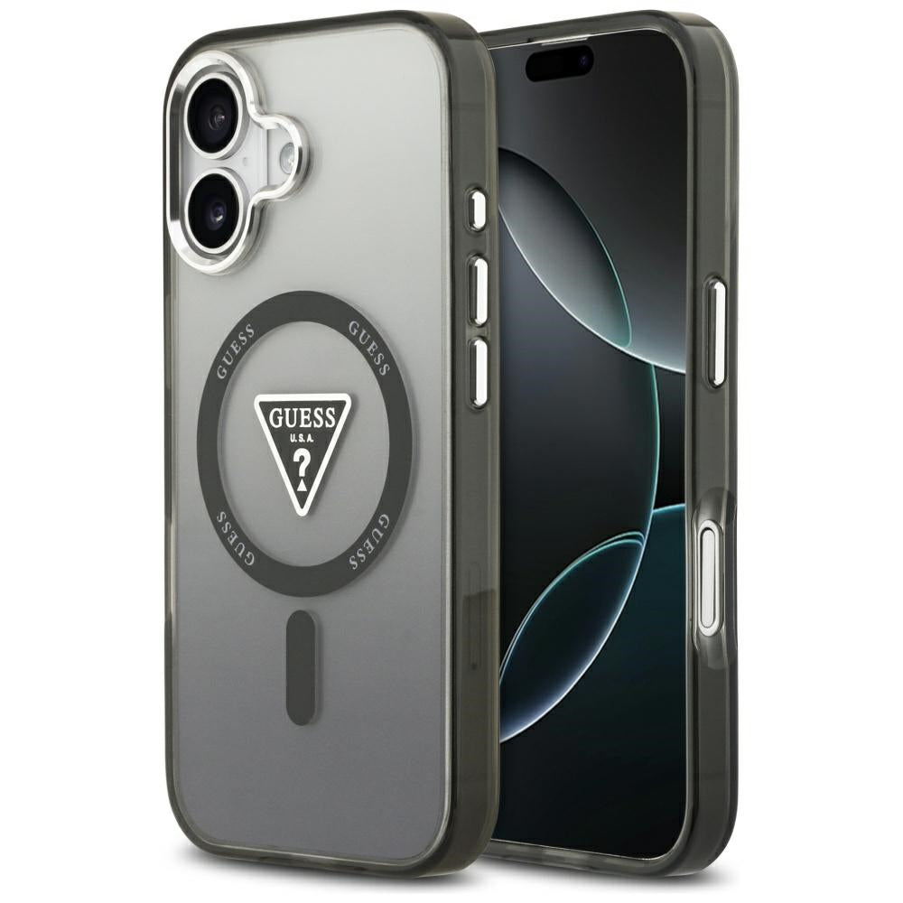 Husa Guess Magsafe IML Gradient cu Print Triangle Logo & Argintiu Metal Camera Buttons pentru iPhone 17 Negru