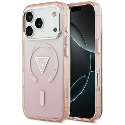 Husa Guess Magsafe IML Gradient cu Print Triangle Logo & Argintiu Metal Camera Buttons pentru iPhone 17 Pro Roz