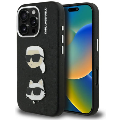 Husa Karl Lagerfeld FW Grained Karl & Choupette Heads Pins pentru iPhone 16 Pro - Negru