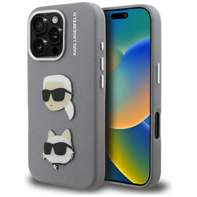 Husa Karl Lagerfeld FW Grained Karl & Choupette Heads Pins pentru iPhone 16 Pro - Gri