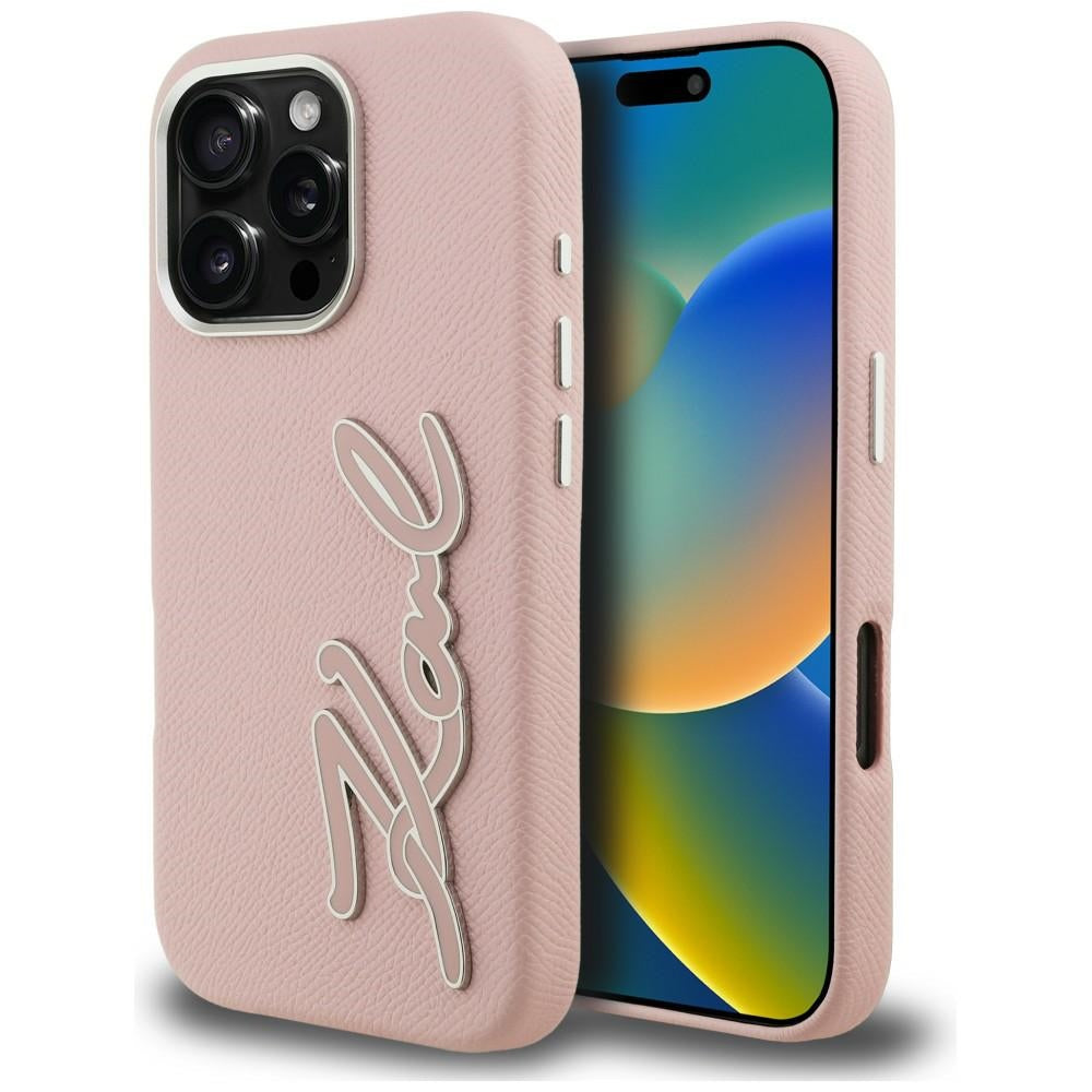 Husa Karl Lagerfeld FW Grained Signature Logo iPhone 16 Pro Max - Roz