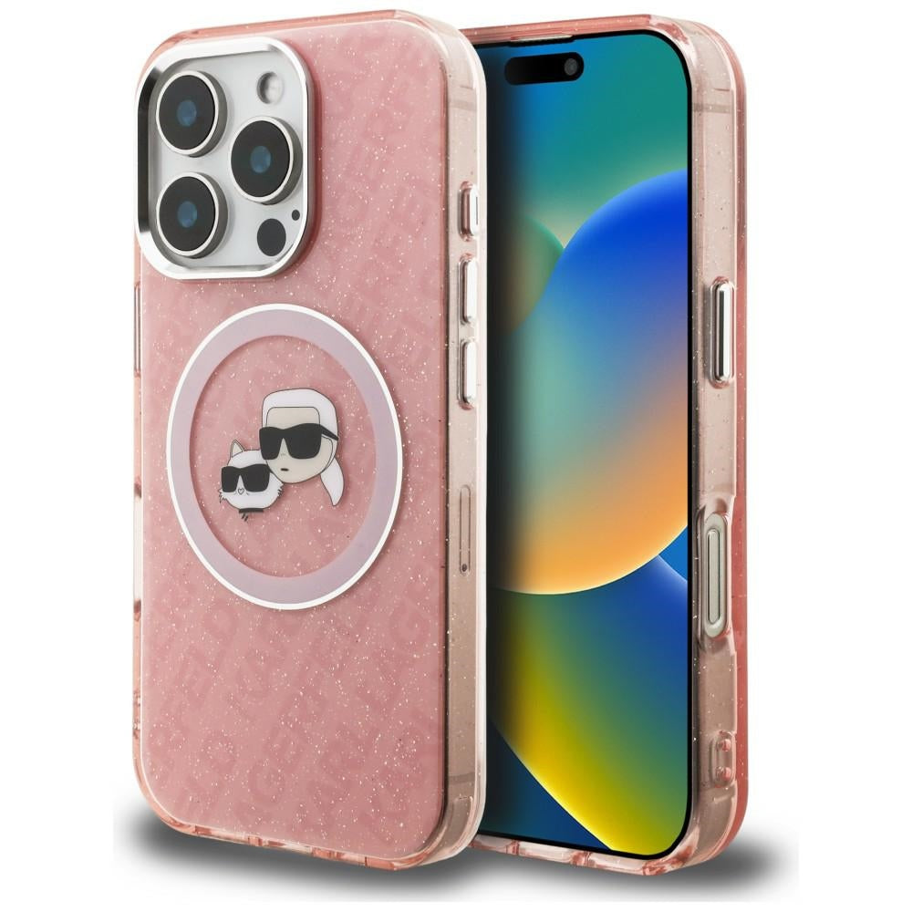 Husa Karl Lagerfeld IML Glitter Karl & Choupette Heads Logo Magsafe pentru iPhone 16 Pro - Roz