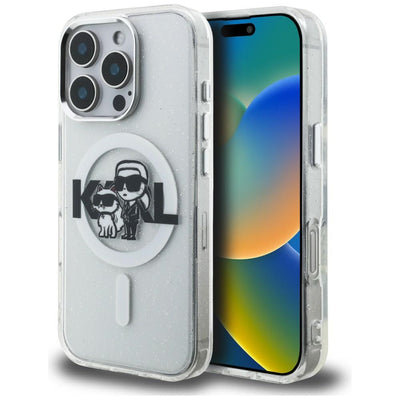 Husa Karl Lagerfeld IML Glitter Karl & Choupette Sketch Logo Magsafe pentru iPhone 16 Pro Max - Transparent