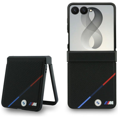 Husa BMW M Leather Perforated Tricolor Stripe Metal Logos Magsafe pentru Samsung Galaxy Z Flip 8 - Negru