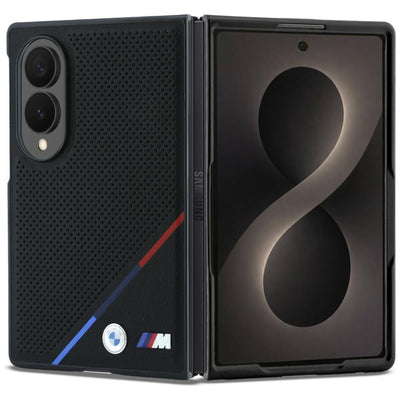 Husa BMW M Leather Perforated Tricolor Stripe Metal Logos Magsafe pentru Samsung Galaxy Z Fold 8 - Negru