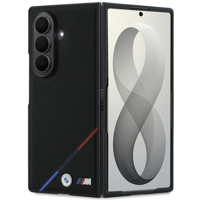 Husa BMW M Leather Perforated Tricolor Stripe Metal Logos Magsafe pentru Samsung Galaxy Z Fold 8 Ultra - Negru