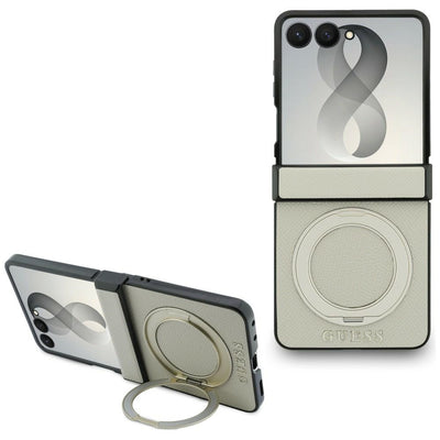 Husa Guess Magnetic Ring Stand Grained Classic Logo Magsafe pentru Samsung Galaxy Z Flip 8 - Bej