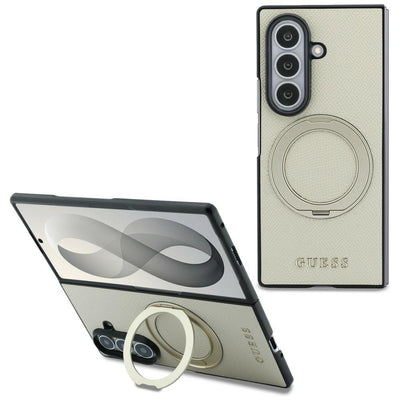 Husa Guess Magnetic Ring Stand Grained Classic Logo Magsafe pentru Samsung Galaxy Z Fold 8 Ultra - Bej