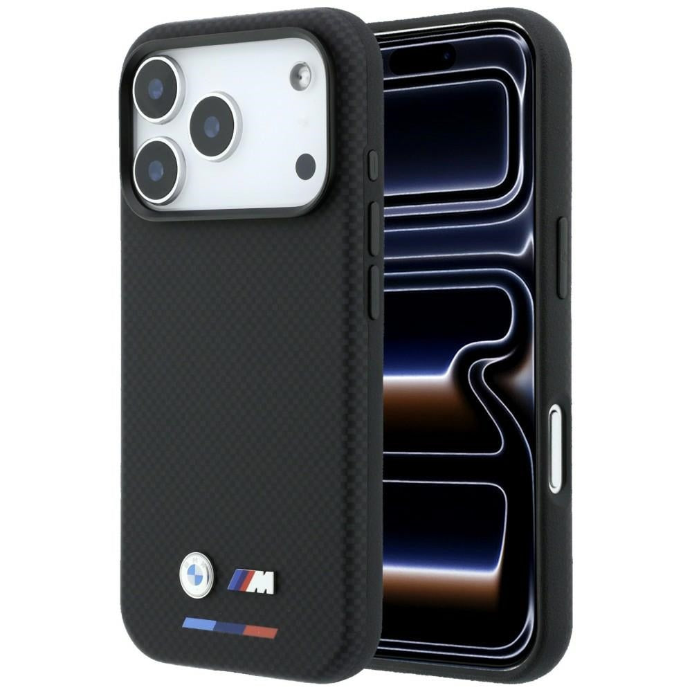 Husa BMW M Quadrille Kevlar Tricolor & Metal Logo Magsafe pentru iPhone 17 Pro / 18 Pro - Negru