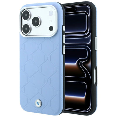 Husa BMW Sign Deboss Quilted Metal Logo Magsafe pentru iPhone 17 Pro / 18 Pro - Albastru