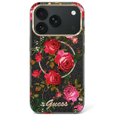 Husa Guess IML Glitter Blossom Roses pentru iPhone 17 Pro / 18 Pro - Negru