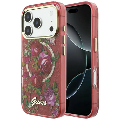Husa Guess IML Glitter Blossom Roses pentru iPhone 17 Pro Max / 18 Pro Max - Burgundy